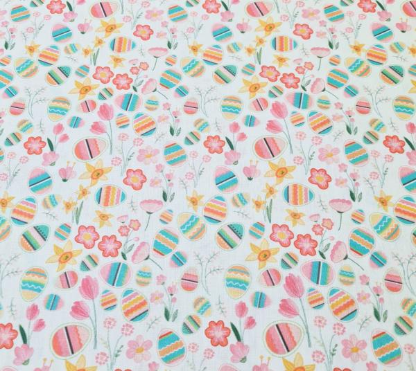 Baumwoll Druck Ostereier und Blumen 